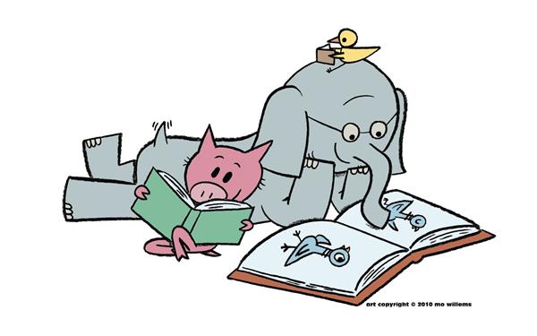 Elephant and Piggie reading book about Pigeon