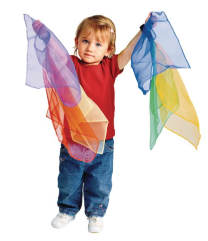 toddler playing with colorful scarves