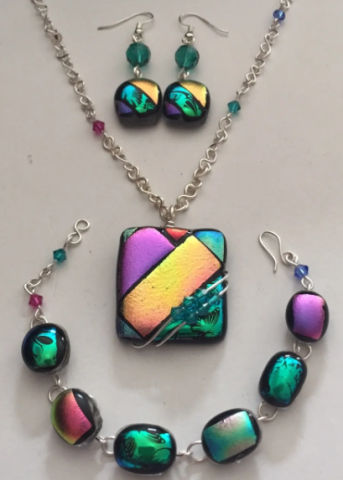 fused glass earrings, necklace, bracelet