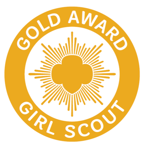 Circular yellow logo with text "Gold Award Girl Scout"