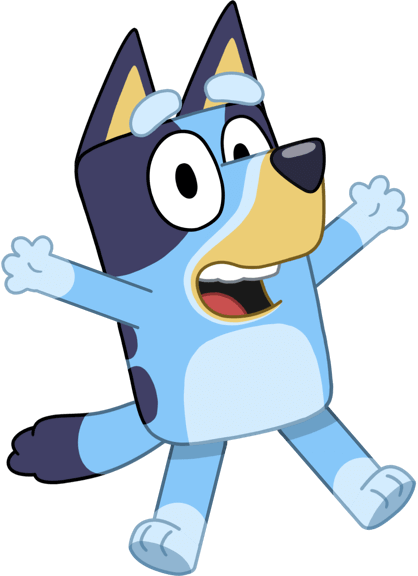 Bluey cartoon dog with arms and legs outstretched as if jumping