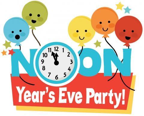 text "Noon Year's Eve Party" with clock and smiling balloons