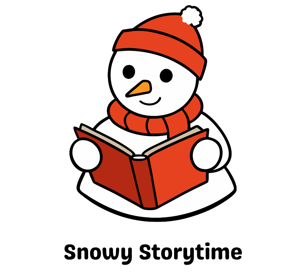 snowman reading book with text "snowy storytime"